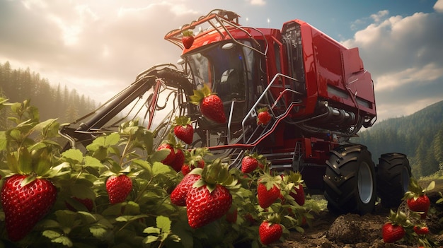 Een foto van een aardbeienoogstmachine in actie