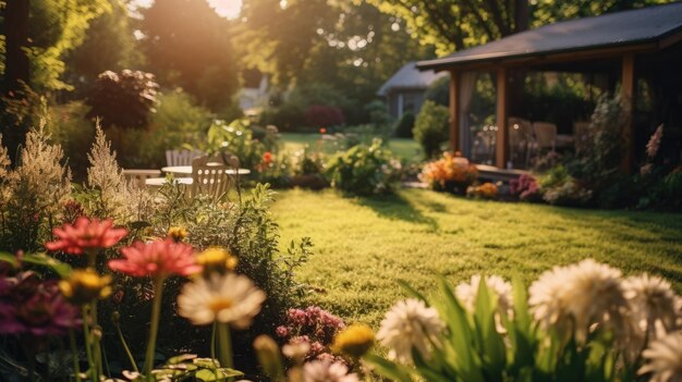 Foto een foto van een achtertuin in een buitenwijk met een warm middaglicht in de bloementuin