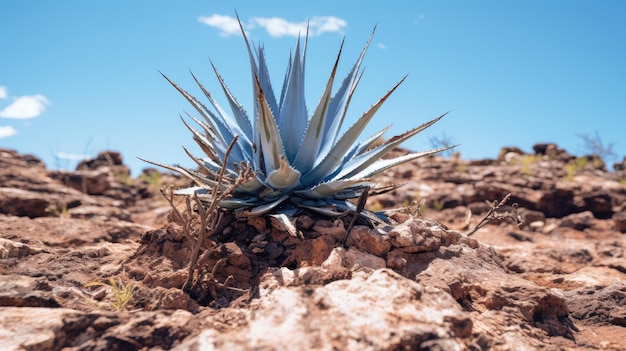 een foto van een agave plant rotsachtig terrein harde middagzon