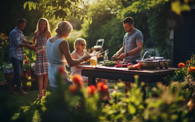 Een foto van een Amerikaanse familie en vrienden die genieten van generatieve AI