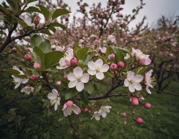 een foto van een appelplant met heldere witte bloemen