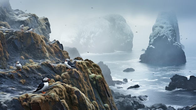 Een foto van een arctisch ijshabitat met een kolonie papegaaien op de achtergrond van de rotsachtige kustlijn