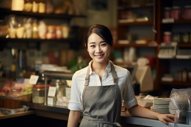 Een foto van een Aziatische winkelmedewerker glimlacht Detailhandel kruidenierswinkel bakkerij apotheek Dame met een schort aan het werk op de markt