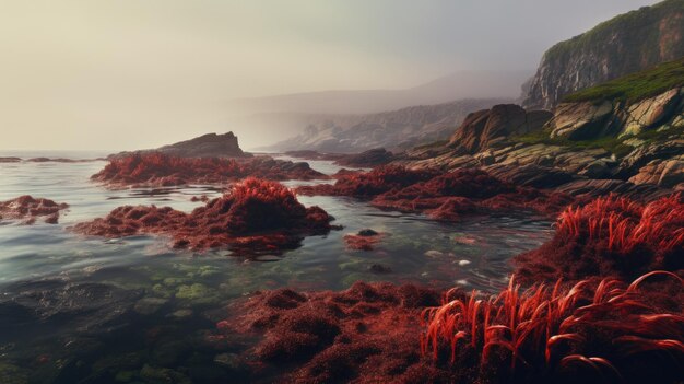 Een foto van een baai gevuld met rood getij mistige achtergrond