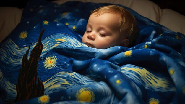 Een foto van een baby deken met een sterrenrijke nacht afdruk