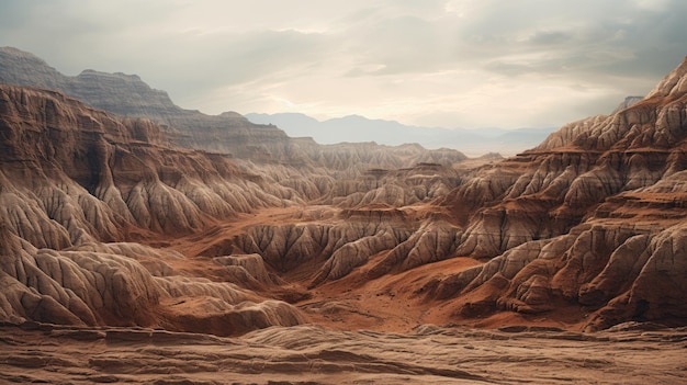 Een foto van een badlands terrein met gedraaide canyons rotsachtige woestijn achtergrond