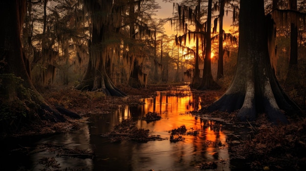 Een foto van een bayou met een cluster van cipressenknieën, warm zonsonderganglicht