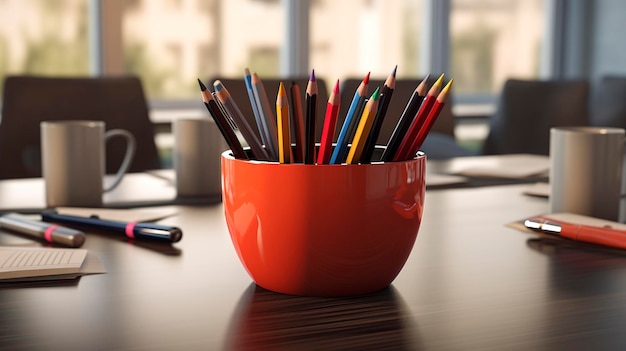 Een foto van een beker pennen op een vergadertafel