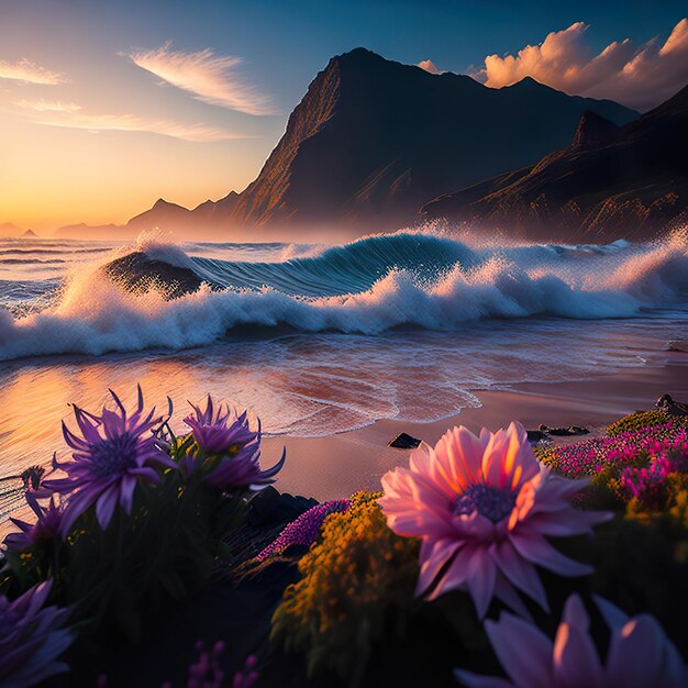 Een foto van een berg en bloemen met de zonsondergang erachter
