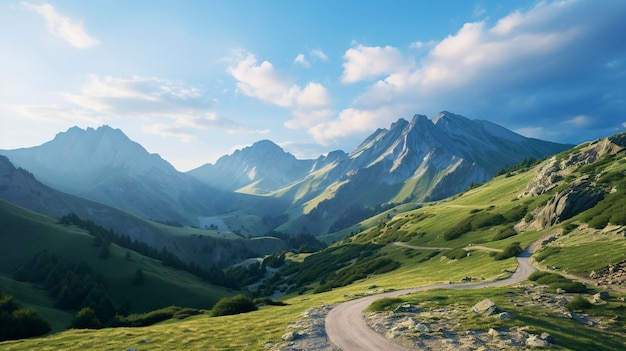 Een foto van een bergachtige scène met een kronkelende berg