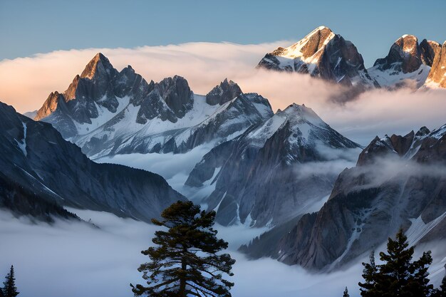 Foto een foto van een bergketen met wervelende mist en gezaagde toppen op de achtergrond