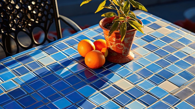 Een foto van een betegelde tafel met geometrische patronen buiten op de patio