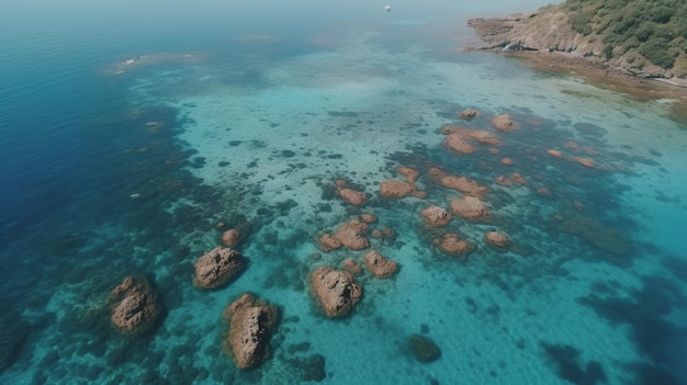 Een foto van een blauwe oceaan met rotsen in het water