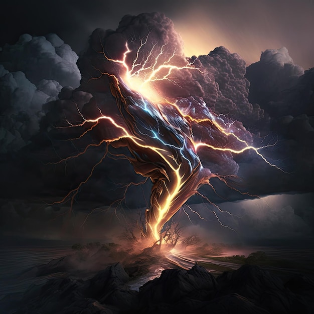 Een foto van een blikseminslag met het woord donder erop
