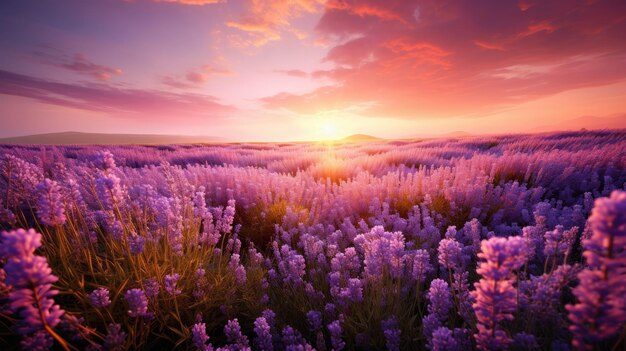 Een foto van een bloemrijke achtergrond met geurige lavendelvelden zachte zonsondergang gloed