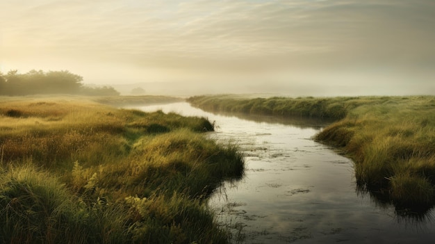 Een foto van een bochtige rivier door een nevelige moeras gedempt ochtendlicht