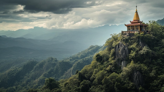 Een foto van een boeddhistische tempel pagode die uit het berglandschap stijgt Generatieve AI