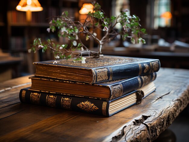 Foto een foto van een boek op de houten tafel in de bibliotheek ai generatief