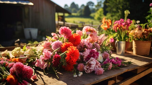 Een foto van een boeket verse bloemen op een boerenmarkt