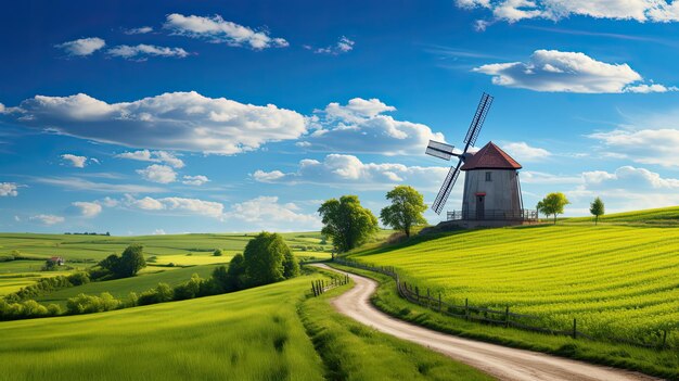 Foto een foto van een boerderij met een windmolen open velden op de achtergrond