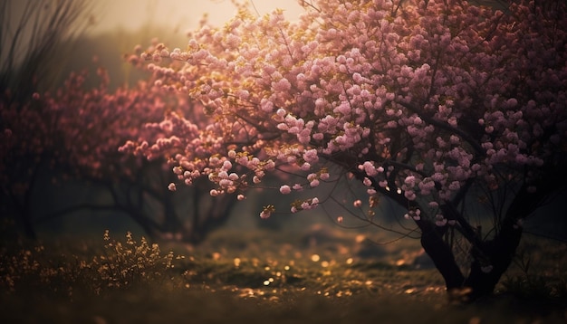 Een foto van een boom met roze bloemen op de voorgrond