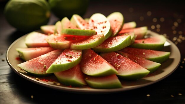 Foto een foto van een bord gesneden guava met een strooi