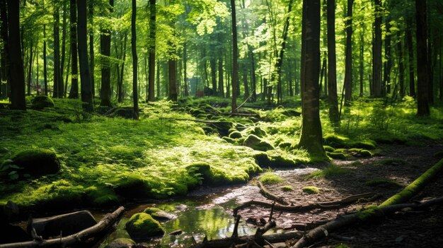 Een foto van een bos in de zomer met weelderig groen gebladerte