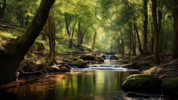 Een foto van een bos met een kronkelende rivier met weelderig groen