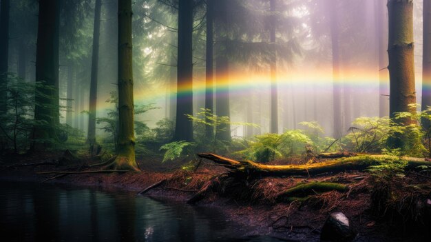 Foto een foto van een bos met regenboog dichte bomen