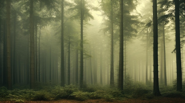 Een foto van een bos met wazige bomen op de nevelachtergrond