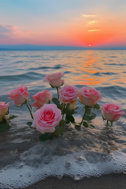 Een foto van een bos roze rozen in het water met daarachter de ondergaande zon.