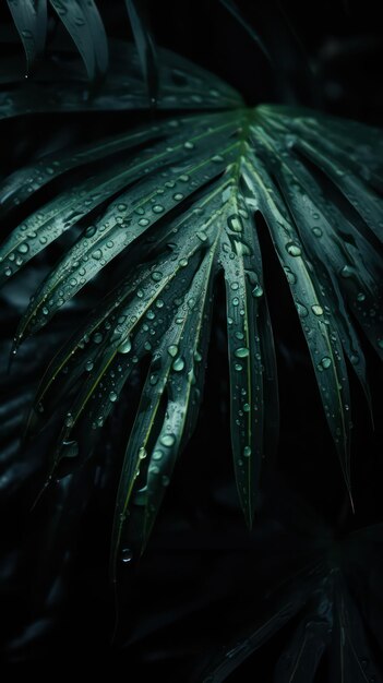 een foto van een bosje palmbladeren omgeven door druppels regenwater