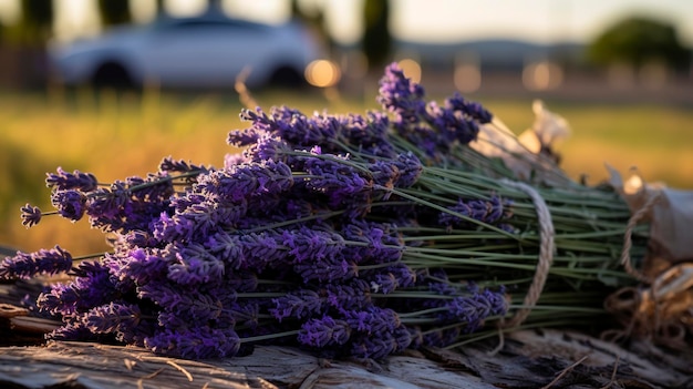 Een foto van een bundel vers gesneden lavendel op een boerderij