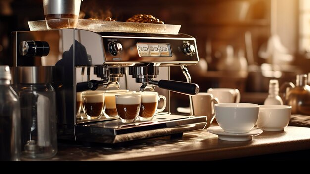 Een foto van een cappuccino machine met vers gemalen bonen