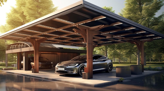 Een foto van een carport op zonne-energie met elektrische voertuigen