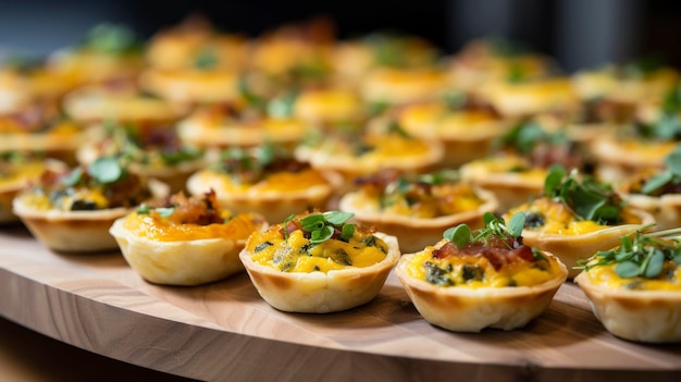 Een foto van een catering display met mini quiches en snacks in de grootte van een hapje