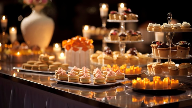 Een foto van een catering tafel met verschillende mini desserts en gebak