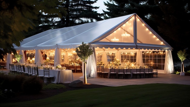 Een foto van een catering tent met buiten zitplaatsen en verlichting