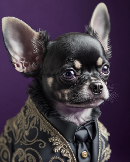 Een foto van een chihuahua die een mooie outfit draagt.