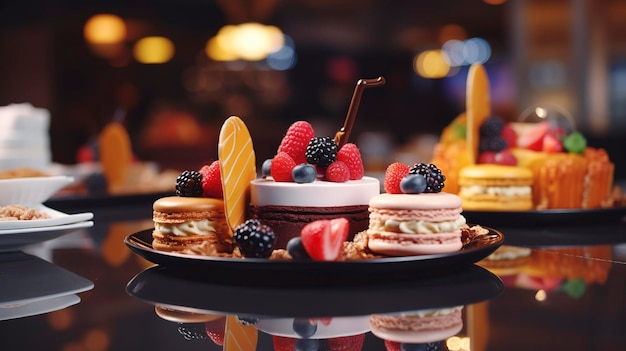 Een foto van een chique dessertbar met artistieke gebakjes