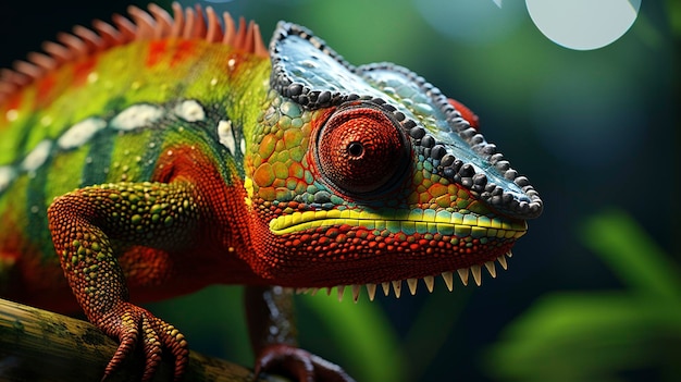 Een foto van een close-up van een gecamoufleerde kameleon