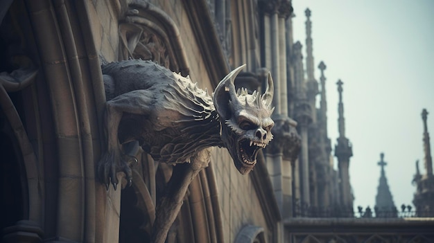 Een foto van een close-up van gotische gargoyles op de muur