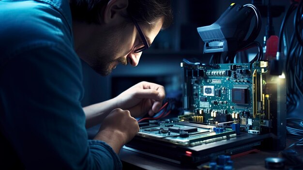 Een foto van een computertechnicus die reparaties doet