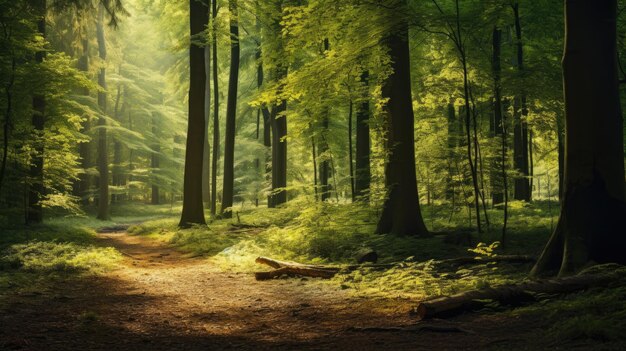 Een foto van een dicht bos met gevlekt zonlicht, aardse groen- en bruintinten