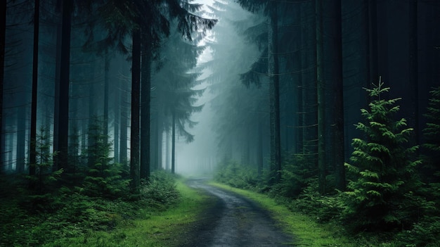 Een foto van een dichte groenblijvende bos met een nevelige atmosfeer