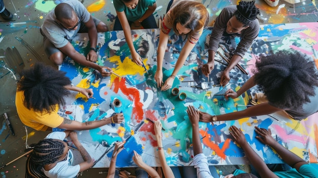Een foto van een diverse groep jongeren en ouderen die samen werken aan een groot gemeenschapskunstproject dat illustreert hoe diversiteit creativiteit en collectieve expressie aanwakkert