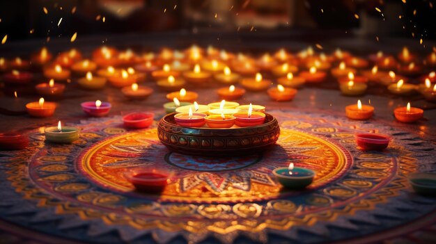 Een foto van een Diwali-festival met kleurrijke rangoli-ontwerpen vuurwerk in de lucht