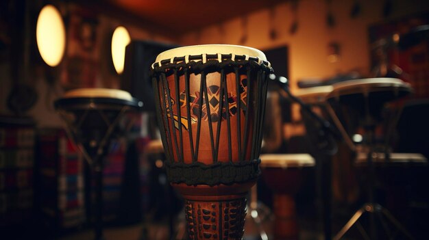 Een foto van een djembe-trommel in een wereldmuziekstudio