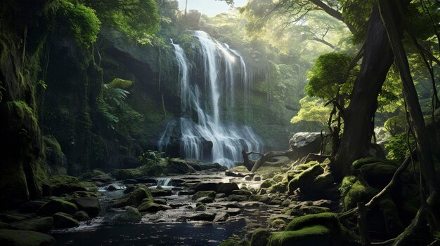 Een foto van een dramatische waterval omringd door eeuwenoud groen