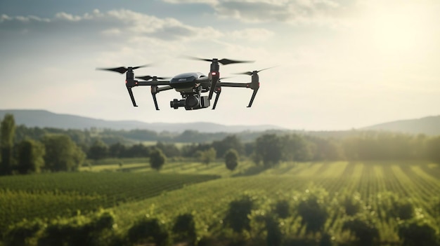 Een foto van een drone die over een boerderij vliegt om de gezondheid van de gewassen te controleren